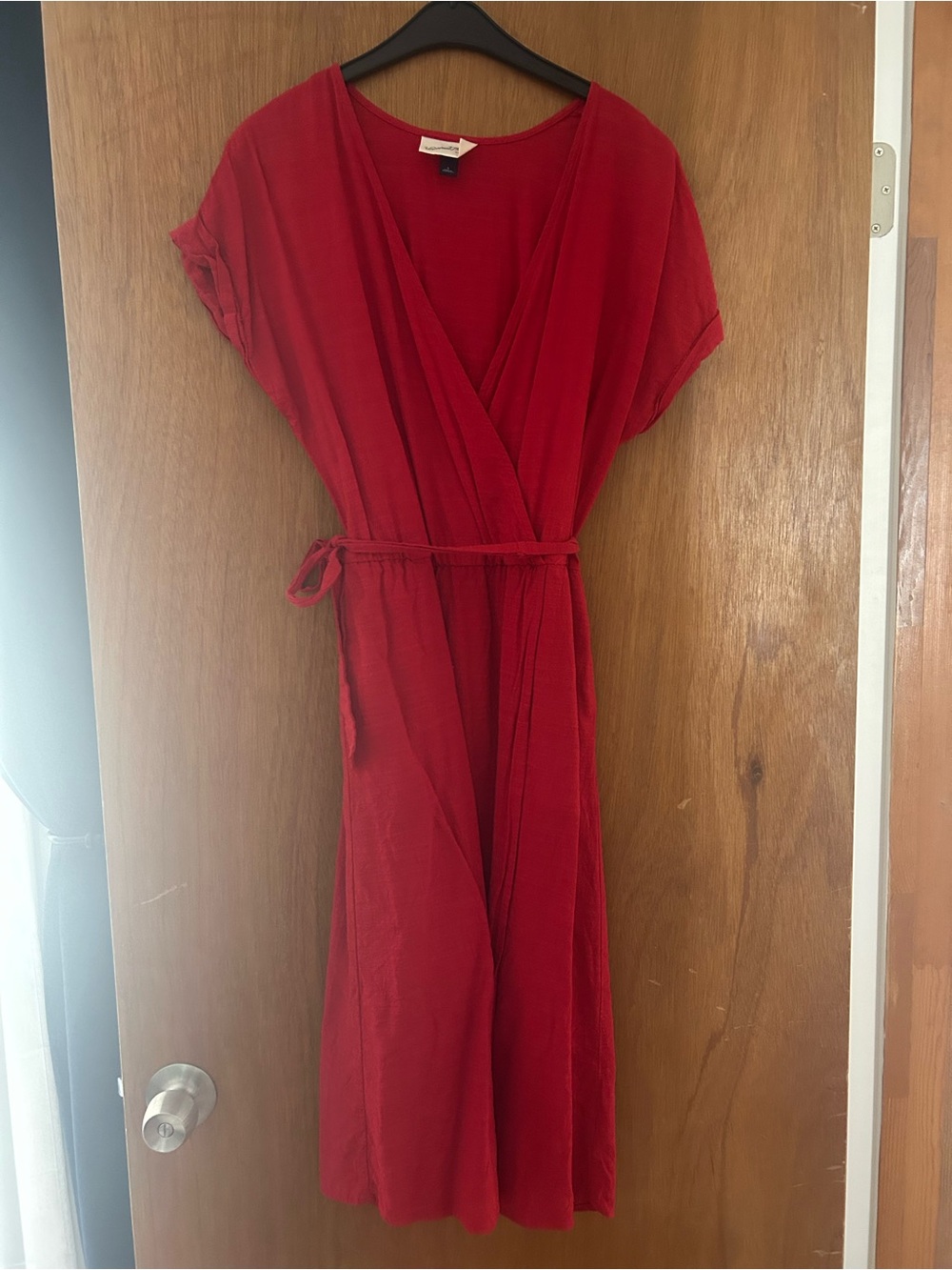 Red Faux Wrap Midi Dress with Tie Waist